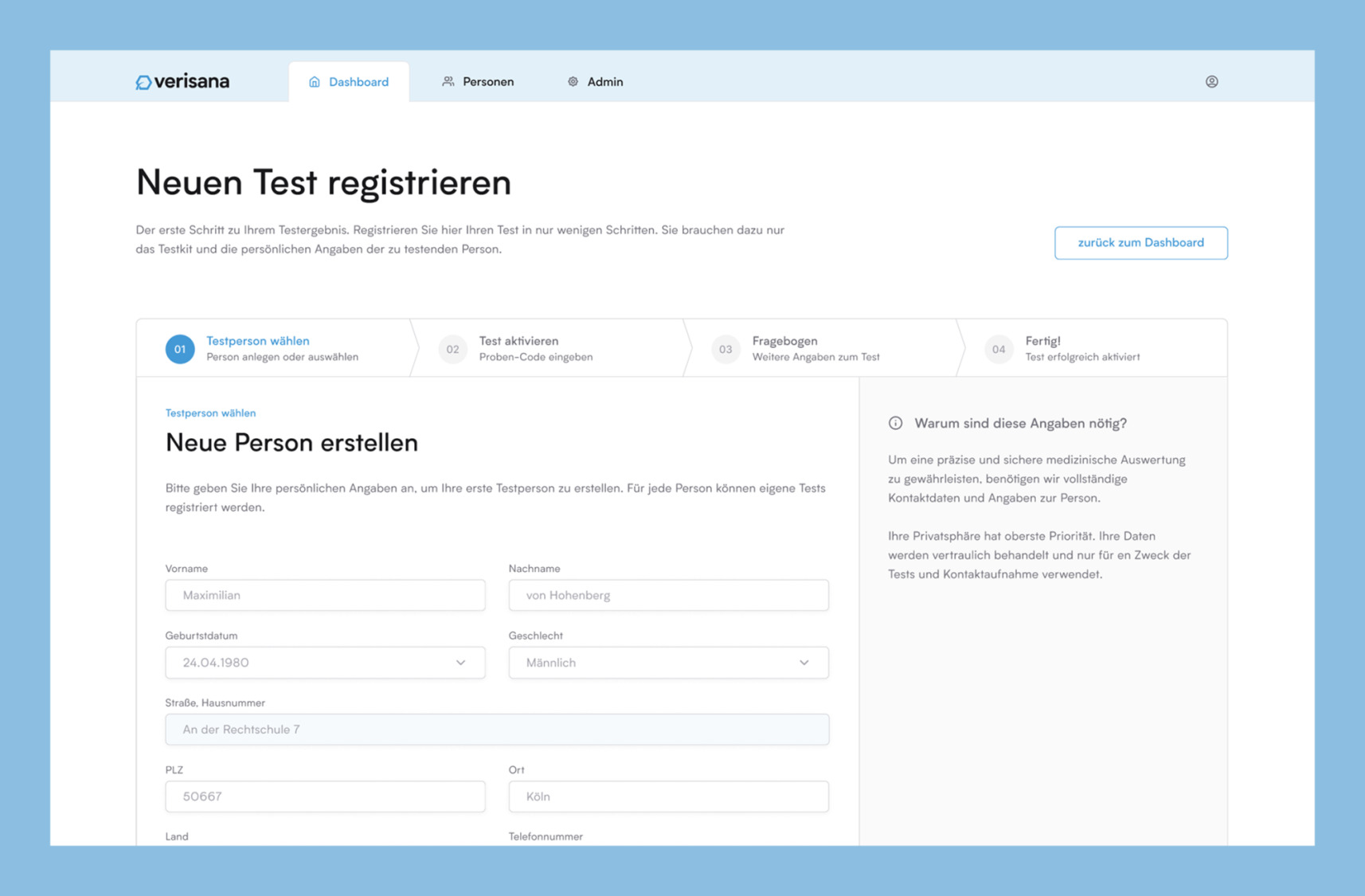 Screenshot der Verisana-Weboberfl&auml;che zur Registrierung eines neuen Tests mit Eingabefeldern f&uuml;r pers&ouml;nliche Daten und Fortschrittsanzeige der Testaktivierung.