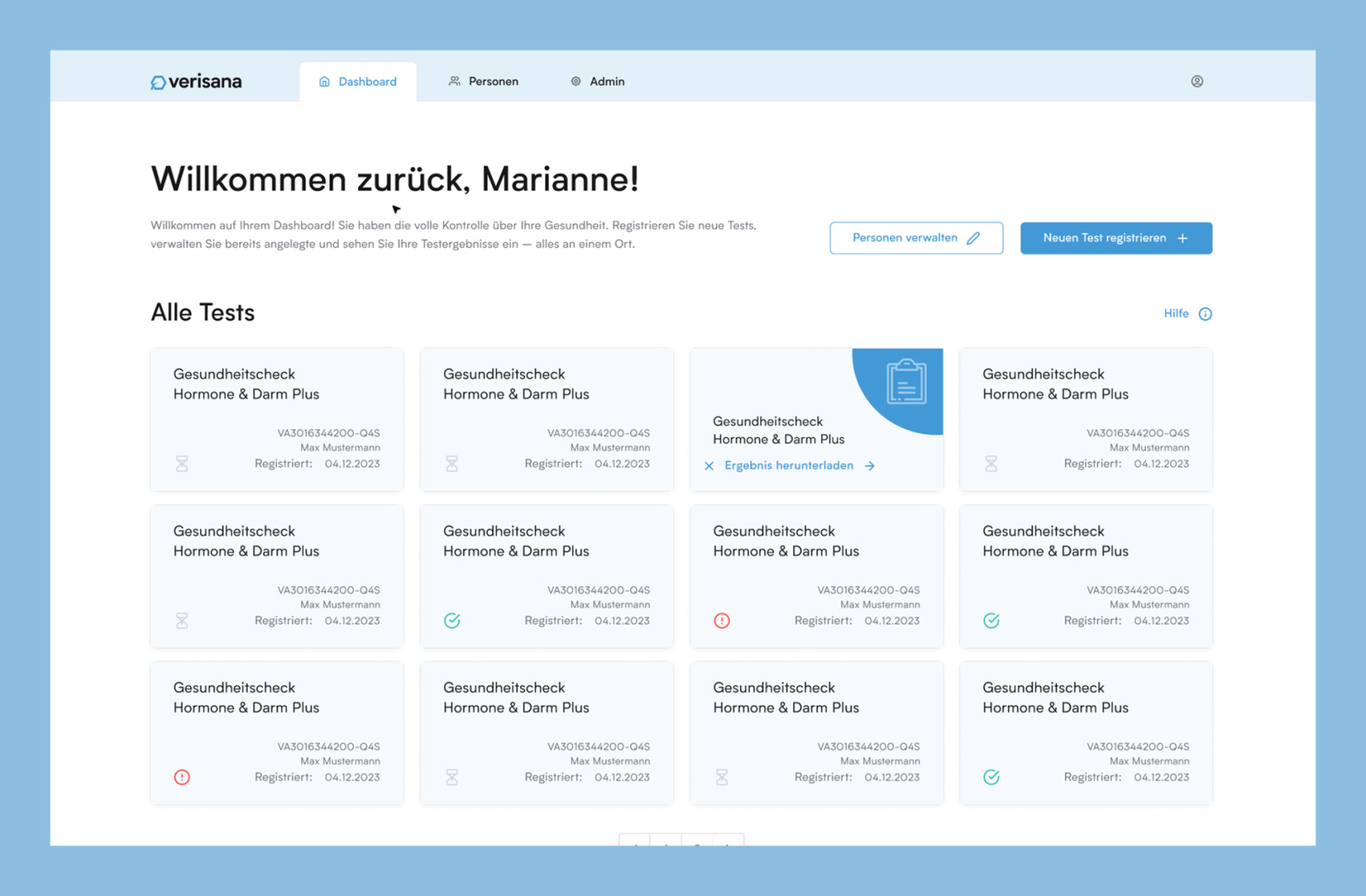 Screenshot des Verisana-Dashboards mit einer &Uuml;bersicht aller Gesundheitstests und pers&ouml;nlichen Testinformationen f&uuml;r die Nutzerin Marianne.