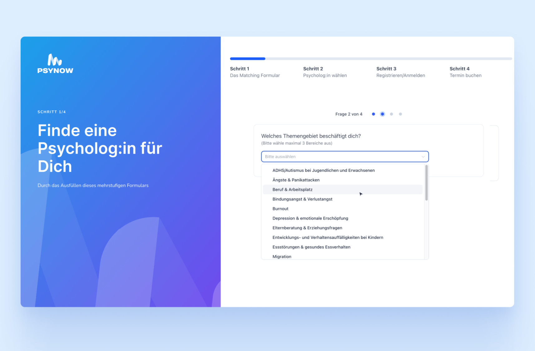 Auswahl des Themengebiets zur psychologischen Beratung in PSynow