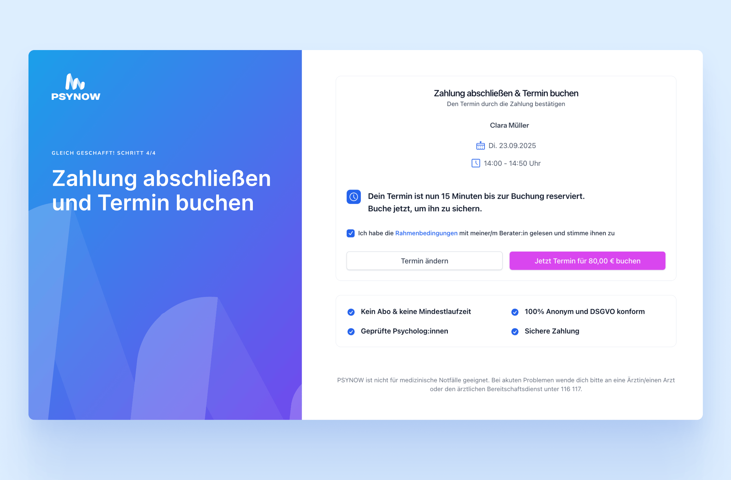 Bestätigung der Terminbuchung mit ausgewähltem Psychologen