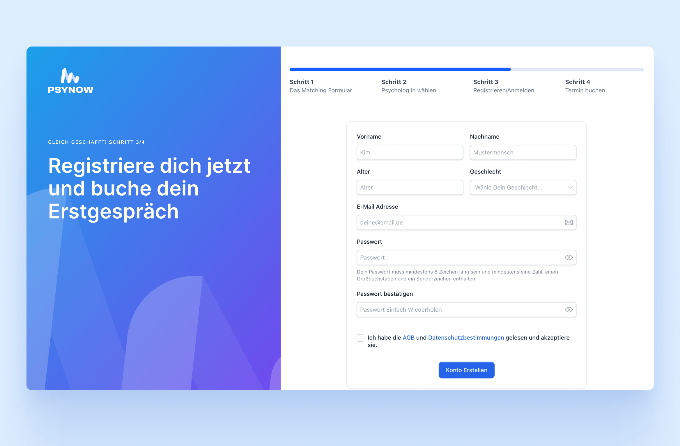 Eingabe persönlicher Daten zur Vorbereitung der Terminbuchung