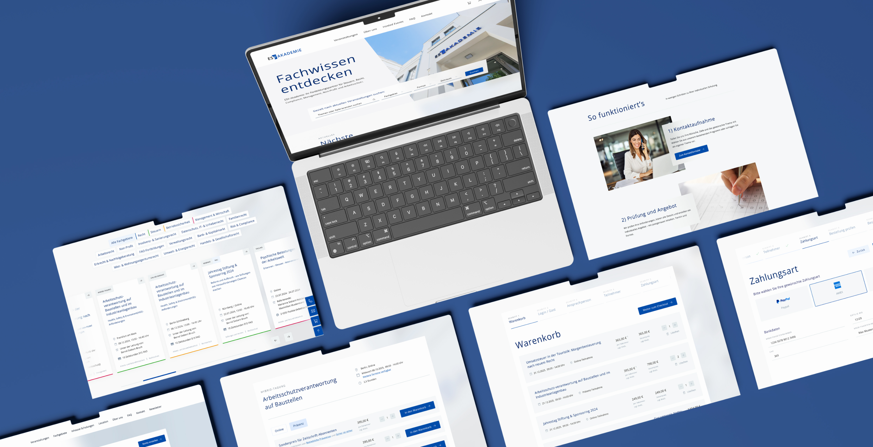 Mockups der ESV Akademie Plattform mit Kursübersicht, Buchungsprozess und Checkout