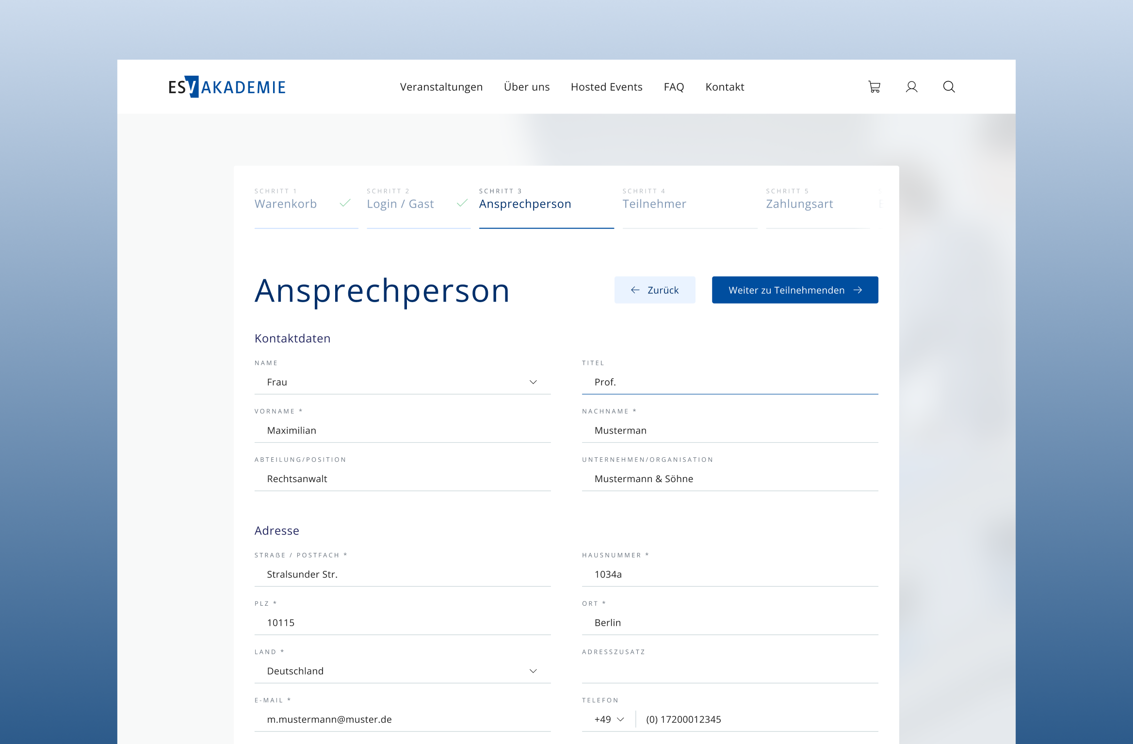 Checkout der ESV Akademie zur Eingabe persönlicher Daten und der Ansprechperson