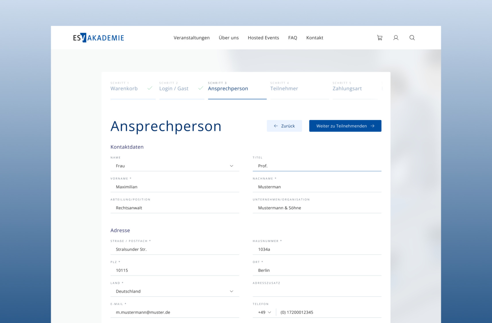Checkout der ESV Akademie zur Eingabe pers&ouml;nlicher Daten und der Ansprechperson