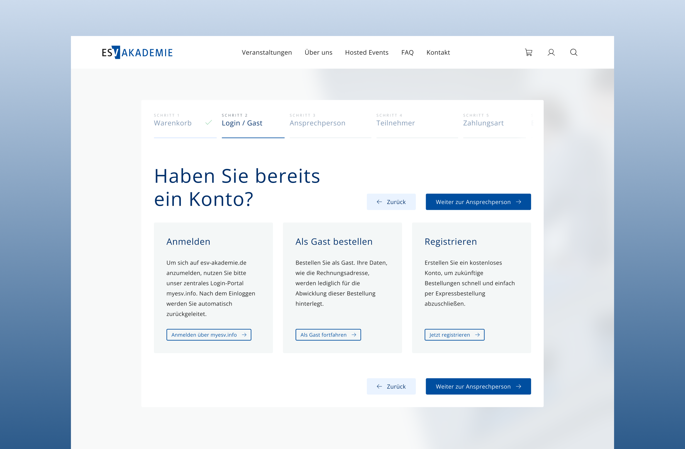 Checkout der ESV Akademie mit Anmeldung, Registrierung oder Gastbestellung