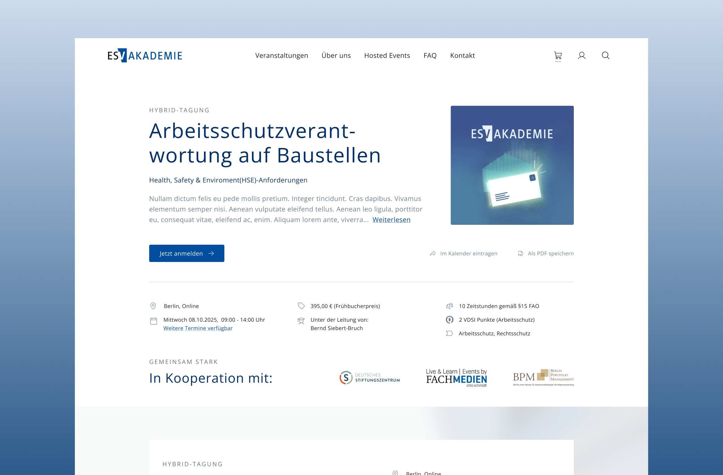 Detailseite einer Veranstaltung der ESV Akademie mit Terminen und allen relevanten Informationen