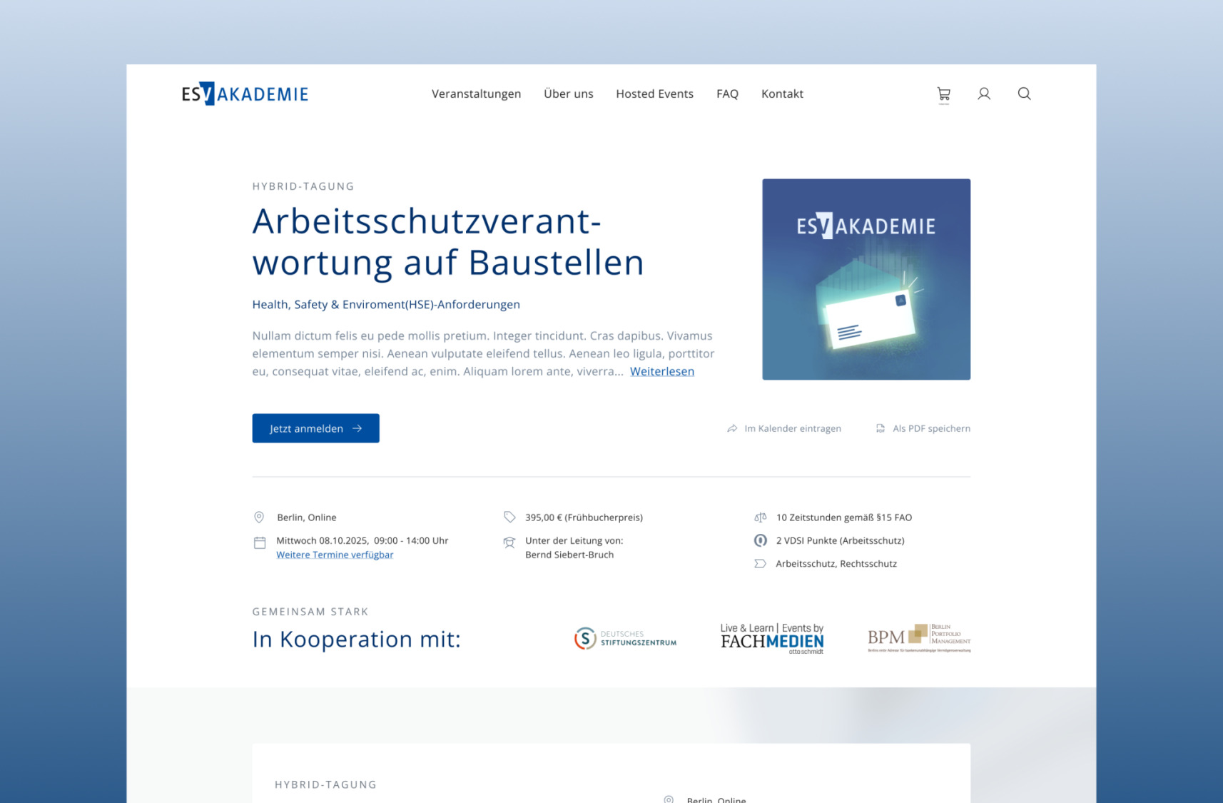 Detailseite einer Veranstaltung der ESV Akademie mit Terminen und allen relevanten Informationen