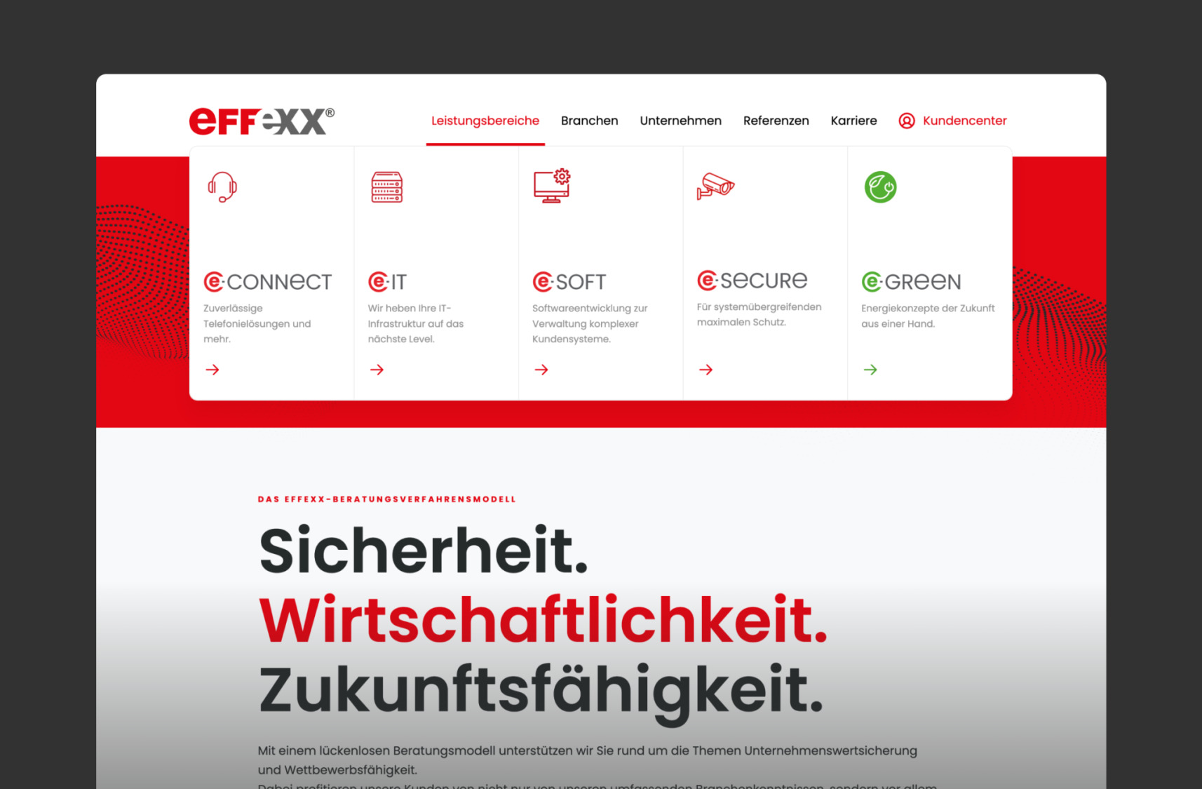 Karriereseite von effexx in Blau gestaltet &ndash; strukturierter Zugang zu Stellenangeboten und Onlinebewerbung