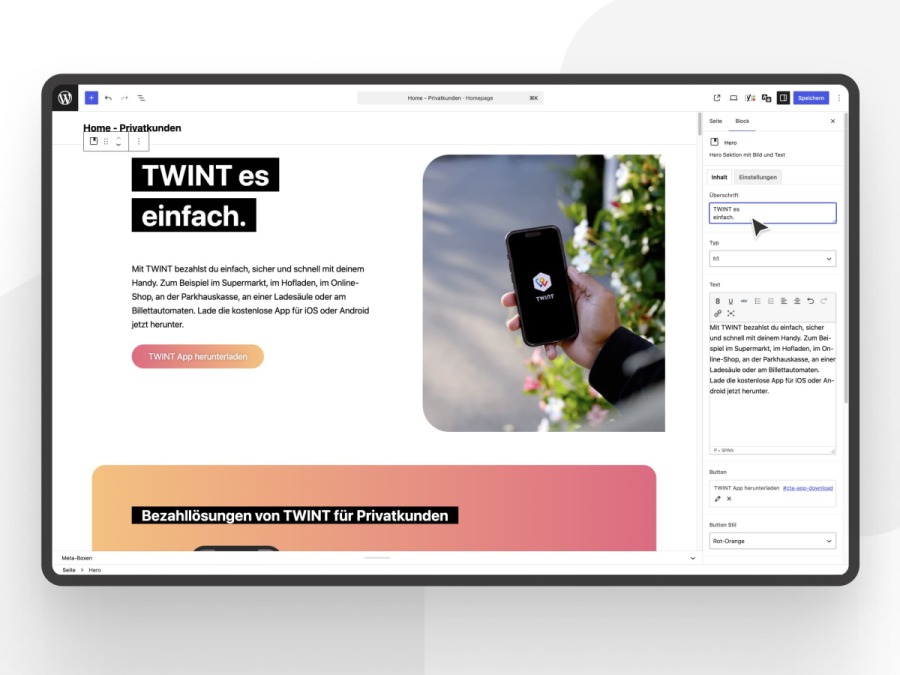 Screenshot des WordPress-Gutenberg-Editors bei der Bearbeitung der TWINT-Homepage f&uuml;r Privatkunden.