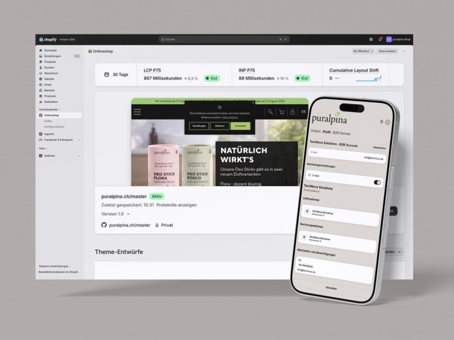 Shopify-Admin-Dashboard f&uuml;r den Puralpina Online-Shop mit einer Smartphone-Vorschau der B2B-Kontoansicht im Vordergrund.