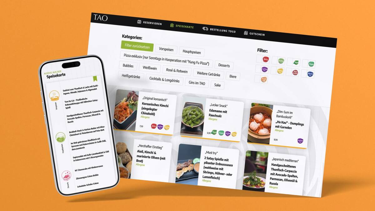 Desktop- und Mobile-Ansicht der digitalen TAO Speisekarte.