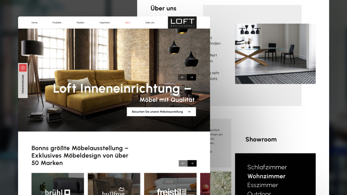 Website-Ansicht von LOFT Designm&ouml;bel mit Startseiten-Banner f&uuml;r Inneneinrichtung, Marken&uuml;bersicht und Kategorien f&uuml;r den M&ouml;bel-Showroom in Bonn.
